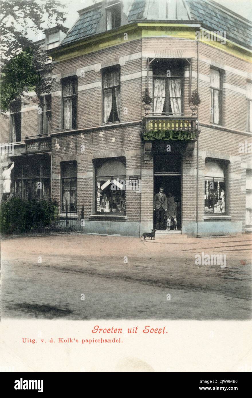 Picture of two ladies in front of the Voorstraat 1 Shopping House in Utrecht; On the right the entrance of Lange Jansstraat; Right, presumably, J.A. van Houten-Hennevelt, the mother-in-law of the photographer. Stock Photo