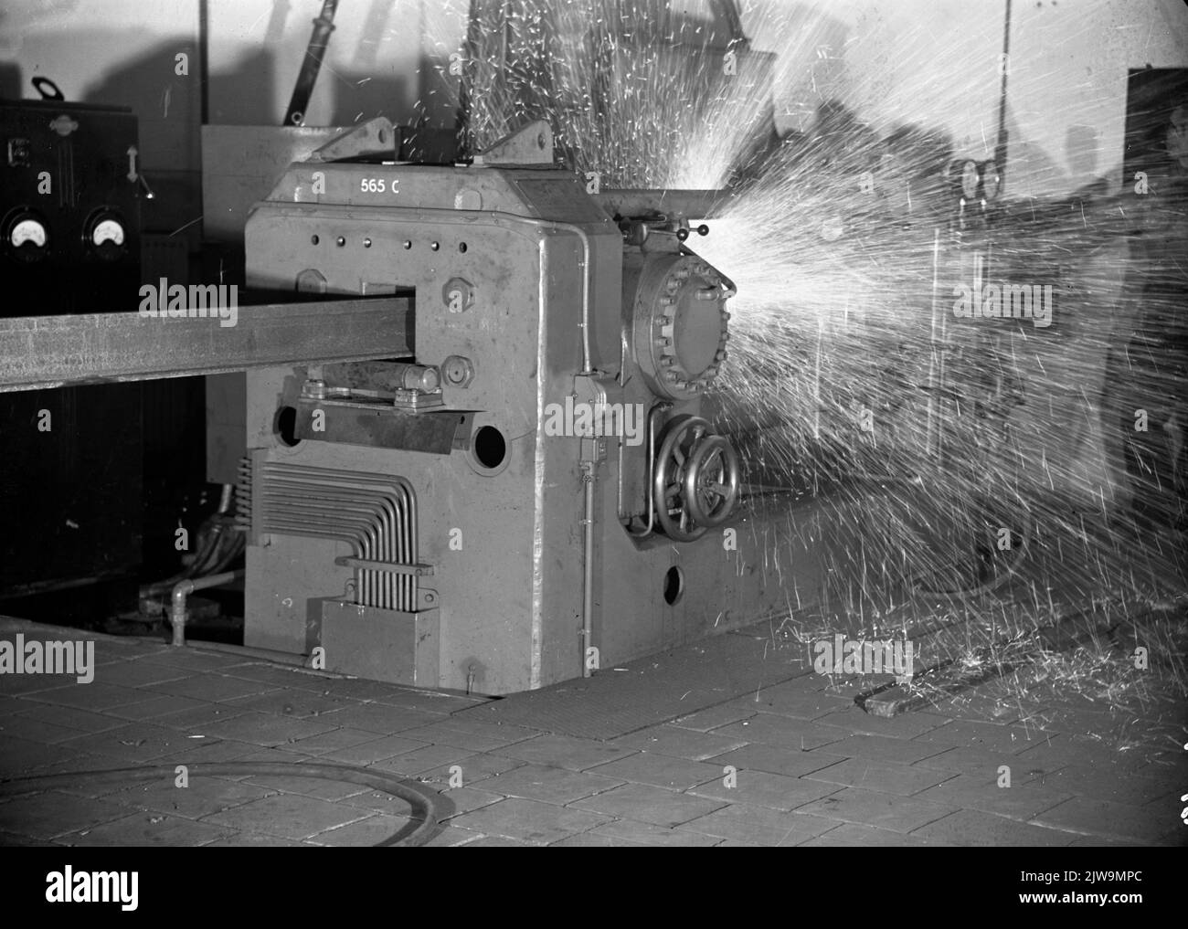 Image of a welding machine in the workshop of the rail welding (SLI) of the N.S. in Utrecht. Stock Photo