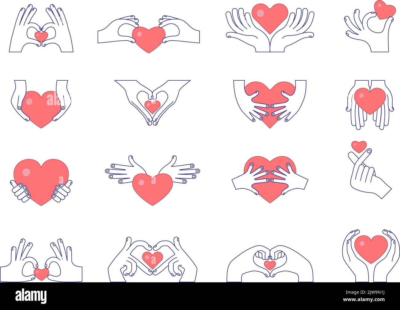 Hands with hearts. Conceptual symbols of donation happiness friendship and love pictures recent vector set Stock Vector
