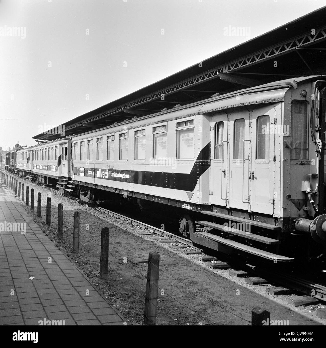 Image of the Olivetti exhibition train, consisting of old carriages mat ...