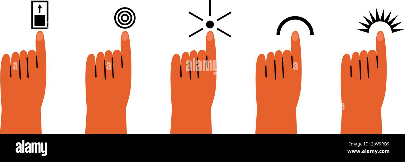 Finger point out on different signs. Hands indicate slider, click, turn