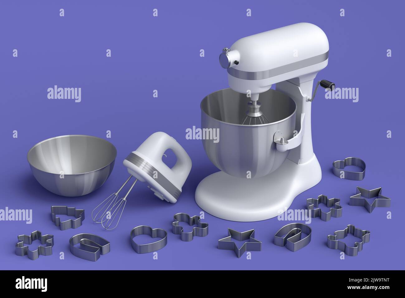 https://c8.alamy.com/comp/2JW9TNT/mixer-and-hand-mixer-with-kitchen-utensil-and-metal-cookie-cutters-for-preparation-of-dough-on-violet-background-3d-render-cooking-process-step-by-st-2JW9TNT.jpg