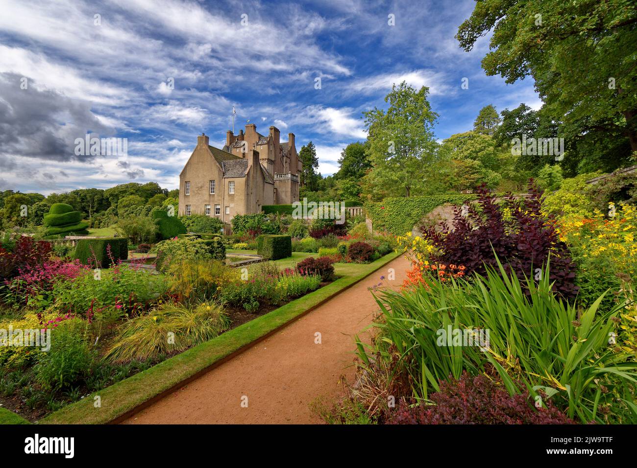 CRATHES CASTLE BANCHORY SCOTLAND THE CASTLE AND UPPER GARDEN ON A SUNNY