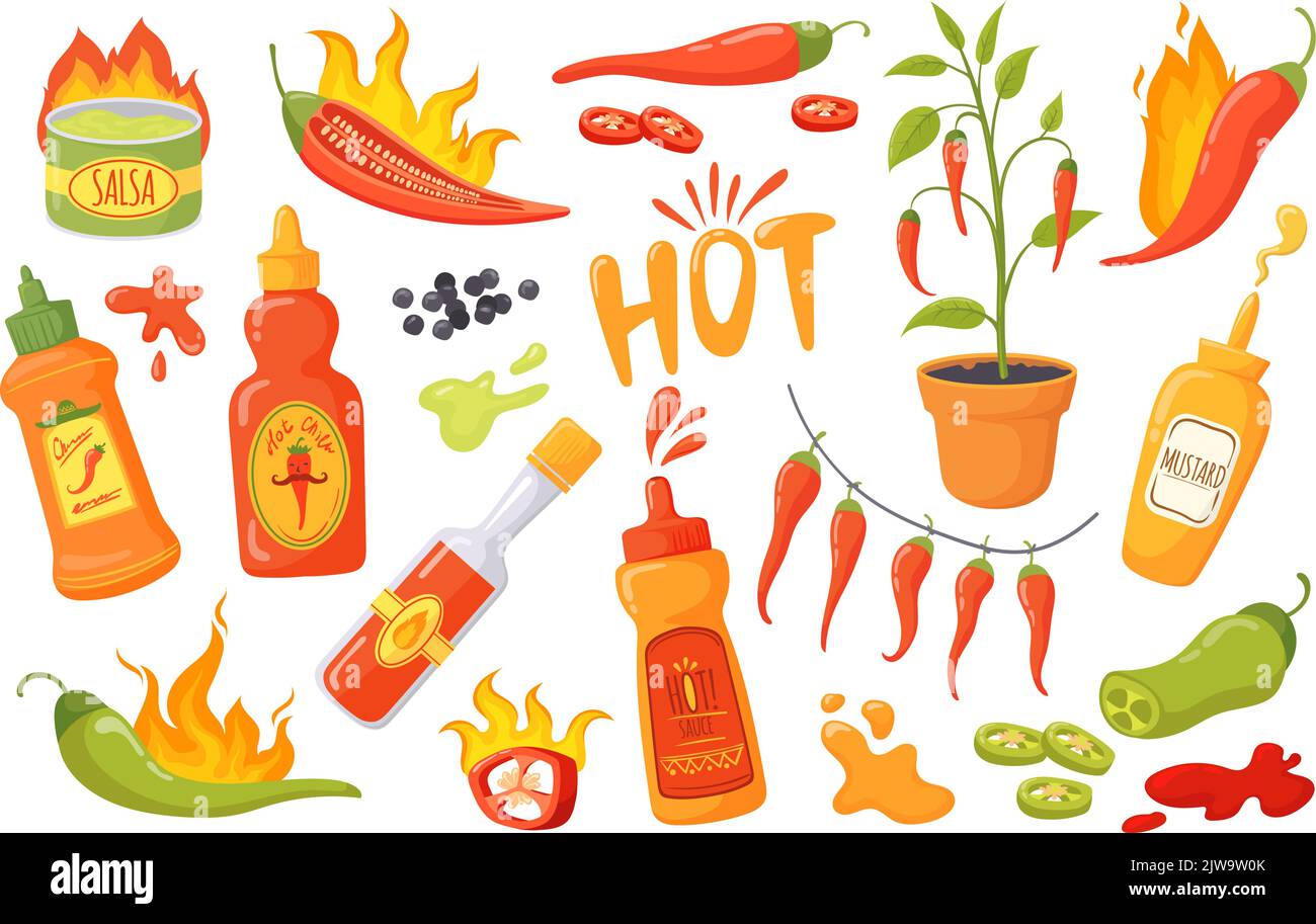 Cartoon burning sauce. Hot peppers spicy meal, dip chilli ketchup