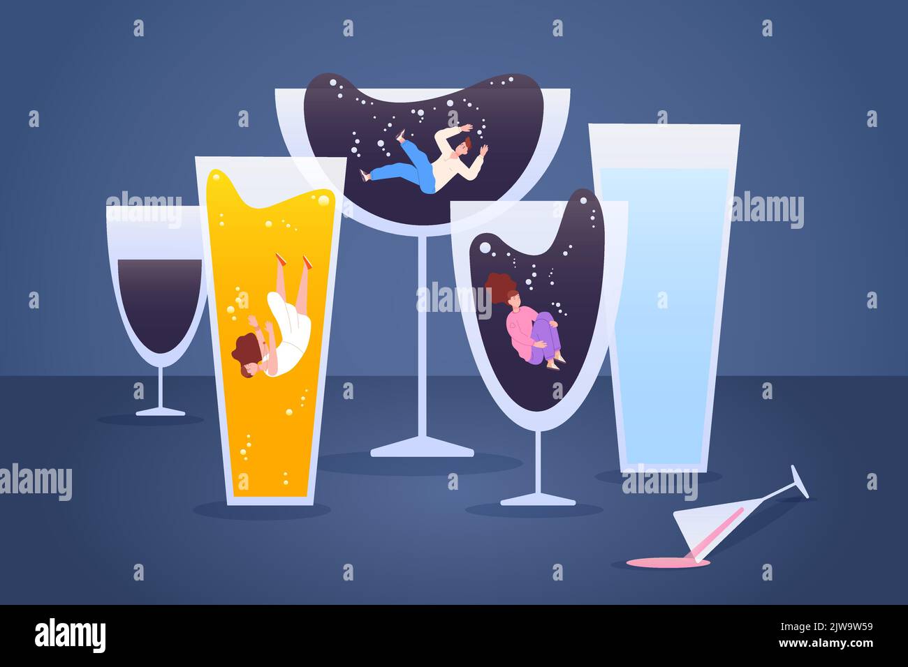 Alcoholism problems. Man and female addicts drinkers in alcohol drinks