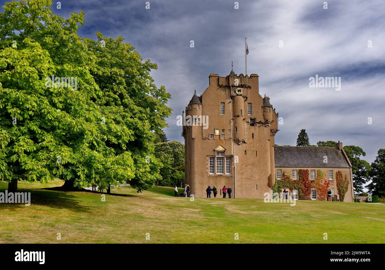 CRATHES CASTLE BANCHORY SCOTLAND VISITORS OUTSIDE THE HARLED 16C CASTLE