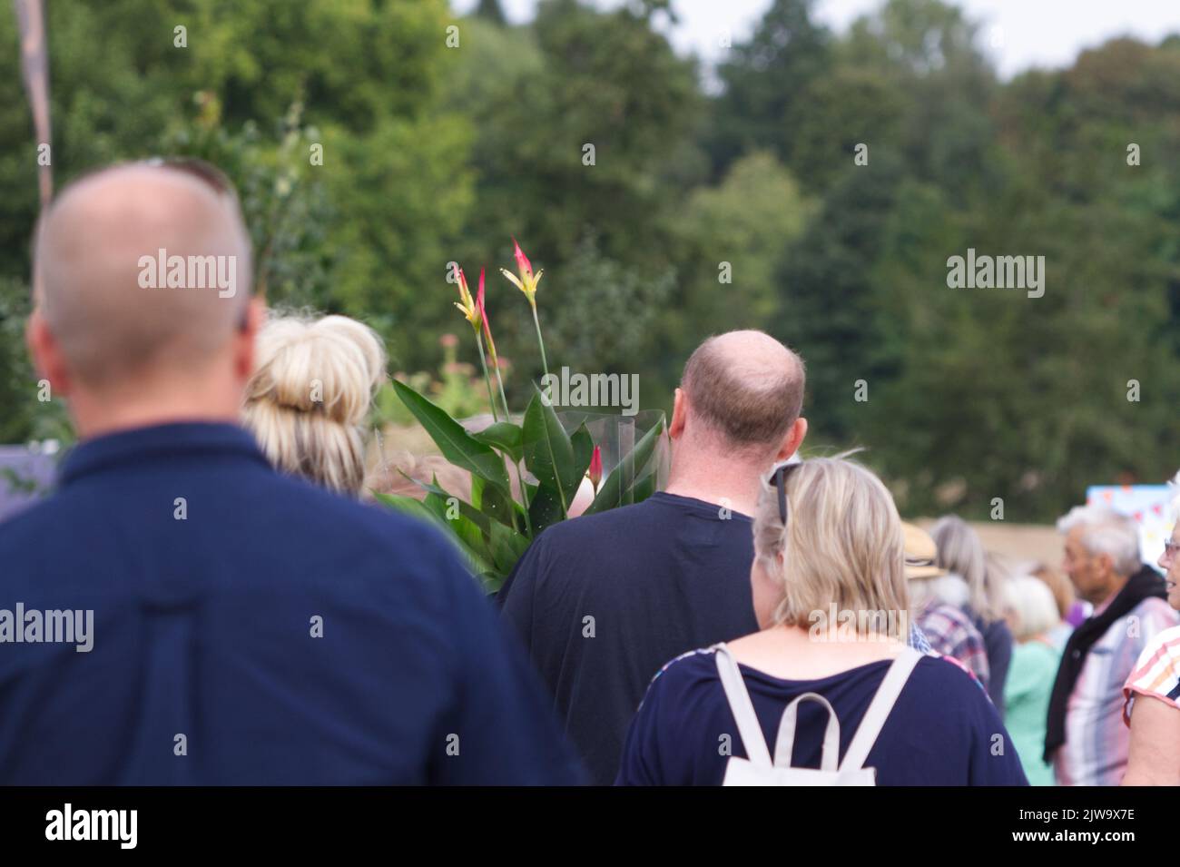 People at the inaugural Gardeners World Autumn Fair 2022 held at Audley End in Essex. A plant being carried around. Stock Photo