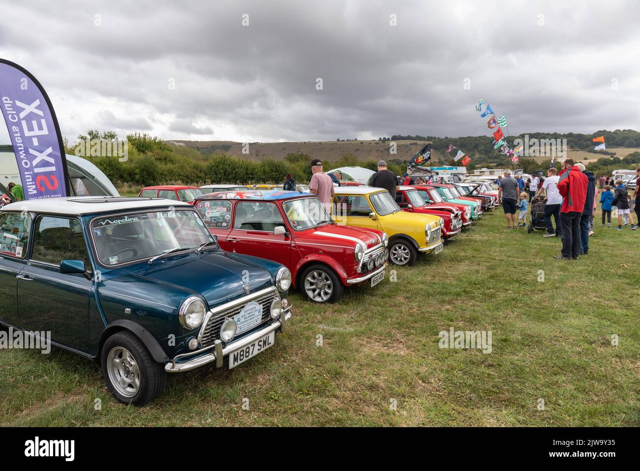 Row of Mini cars at the White Horse Classic & Vintage Vehicle Show, Westbury, Wiltshire, England, UK Stock Photo