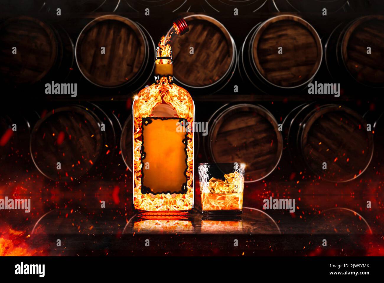 A firefilled alcohol bottle and a glass situated in front of a wine barrel Stock Photo Alamy