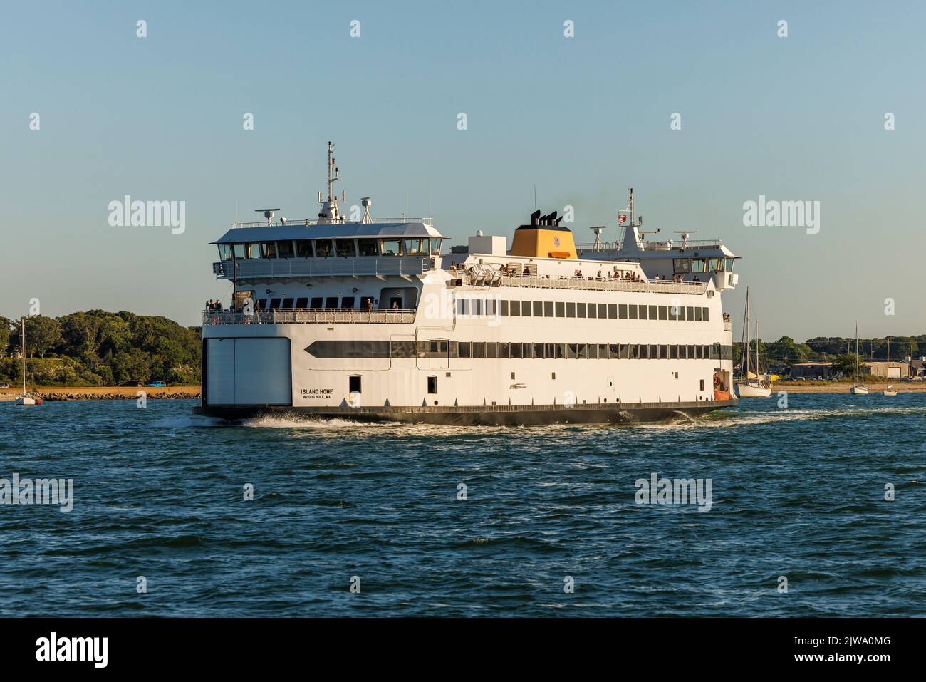 Steamship Authority ferry 'MV Island Home' leaves Vineyard Haven harbor on Martha's Vineyard bound for Woods Hole, Massachusetts on the mainland. Stock Photo