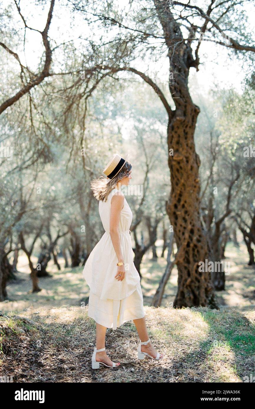 Young woman in a straw hat walks through an olive grove Stock Photo - Alamy