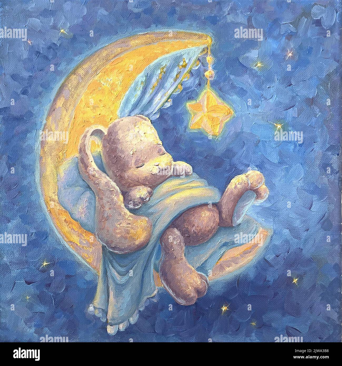 A cute bunny sleeps in a cradle on the moon, around a star. Artistic