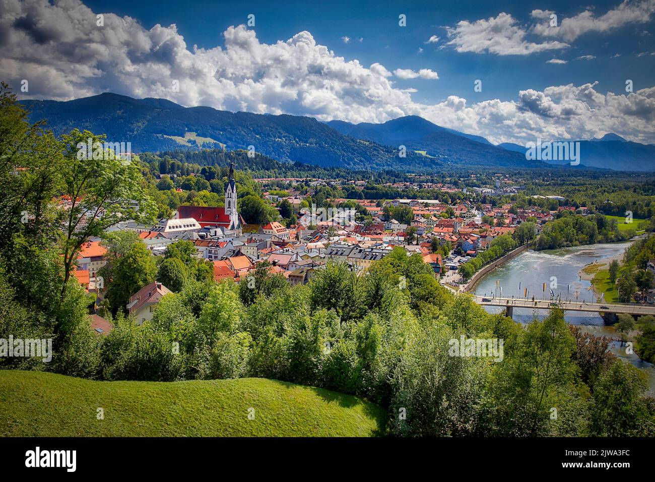 DE - OBERBAYERN: View of Bad Toelz and river Isar from Kalvarienberg (HDR Photography) Stock Photo