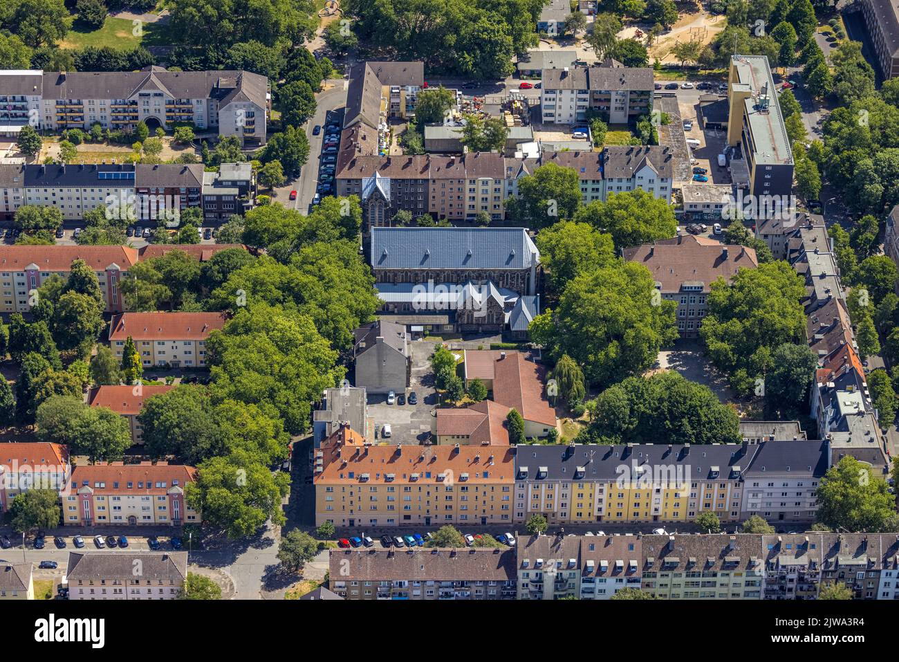 Aerial view, catholic church St. Aposteln, Lessing elementary school, harbor, Dortmund, Ruhr area, North Rhine-Westphalia, Germany, Worship site, Educ Stock Photo