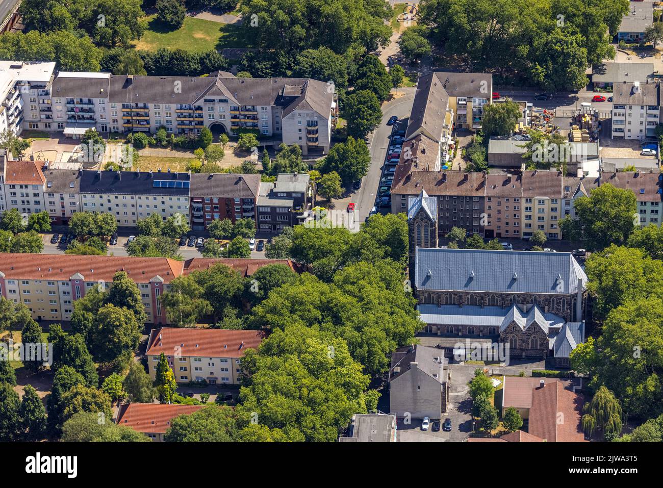 Aerial view, catholic church St. Aposteln, harbor, Dortmund, Ruhr area, North Rhine-Westphalia, Germany, Worship site, Quarry stone basilica, DE, Euro Stock Photo