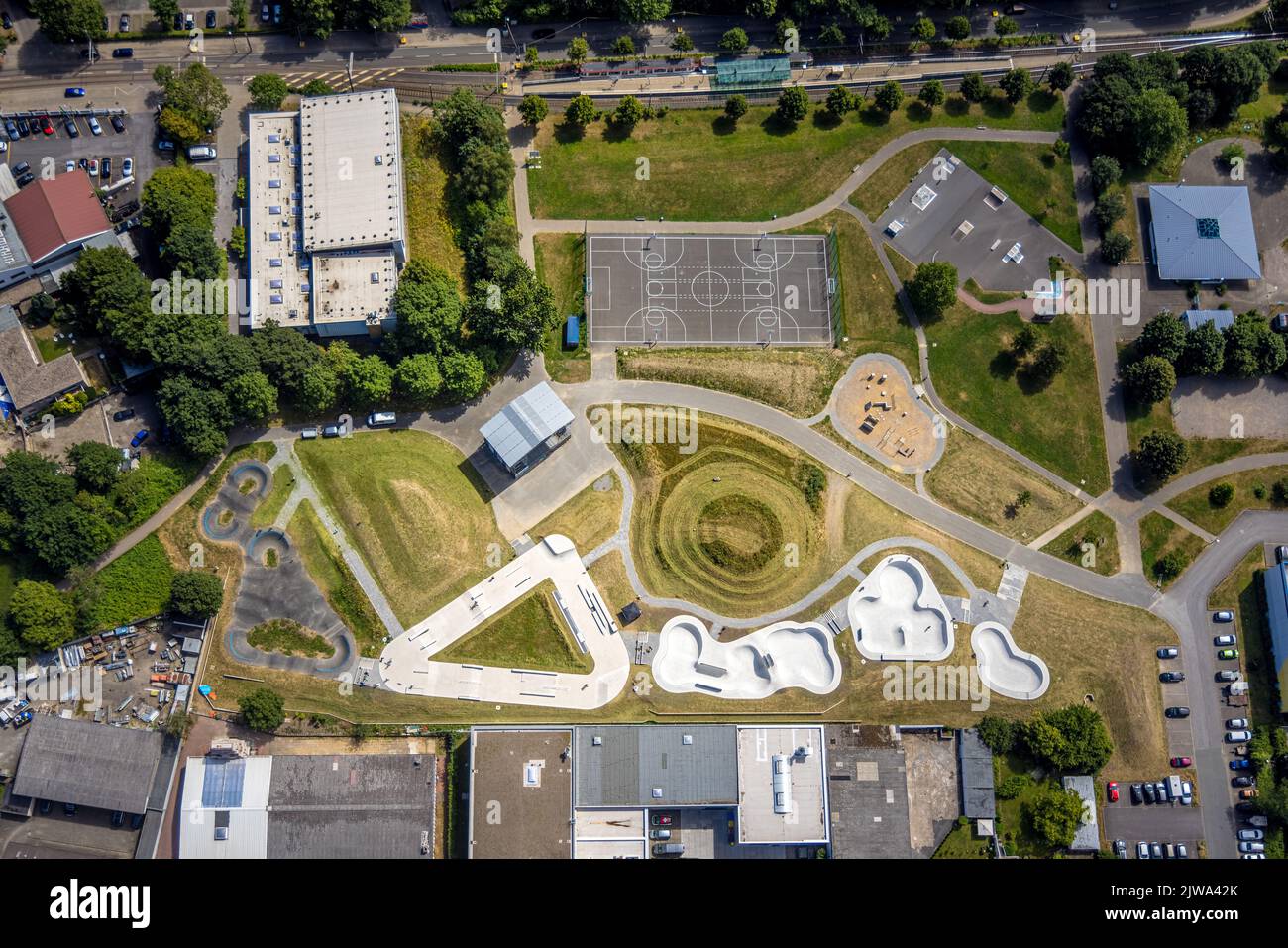 Aerial view, New Skatepark Hombruch, Dortmund, Ruhr Area, North Rhine-Westphalia, Germany, DE, Europe, Free time, Recreational facility, Recreational Stock Photo