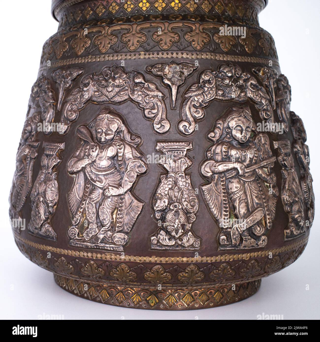 Antique Indian Tanjore Thanjavur Silver and Brass Inlay Covered Copper Vessel Stock Photo