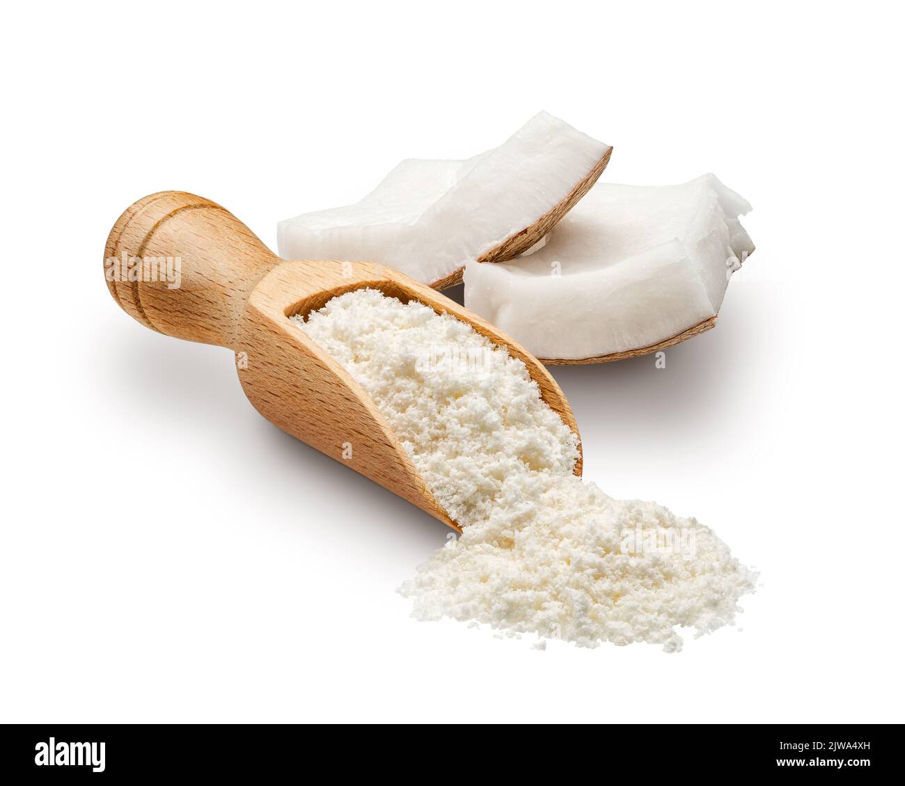 Coconut flour scattered from wooden scoop isolated on white Stock Photo