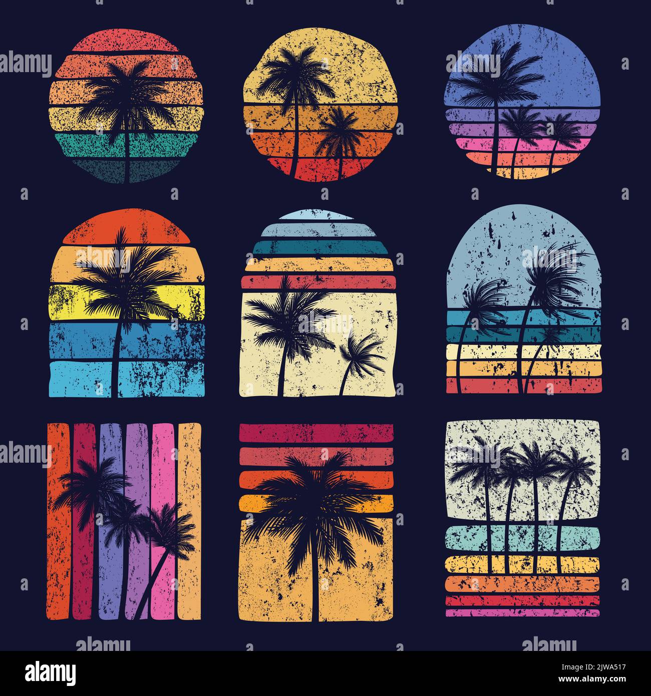 Grunge sunset retro palm tree silhouette set collection vector
