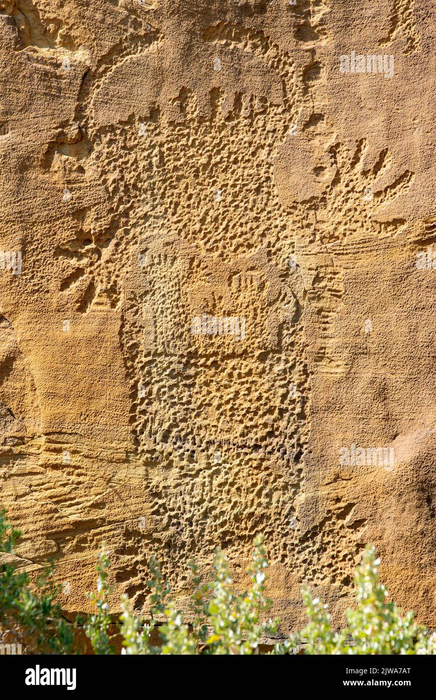 Petroglyphs rock art in Legend Rock State Archaeological Site, Wyoming - An en toto pecked carved anthropomorphic form visible on a sandstone panel. Stock Photo