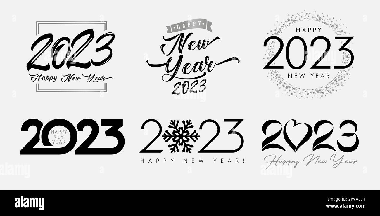 Big set 2023 Happy New Year silver and black logo text design. 20 23 number design template. Collection of 2023 Happy New Year symbols. Vector card Stock Vector