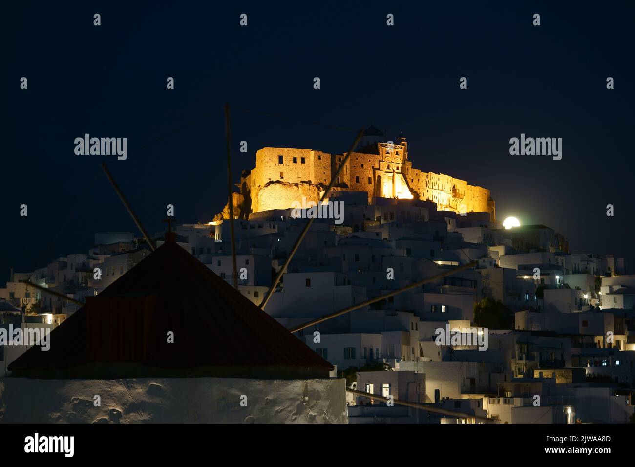 Traditional Greece - Chora village with windmills. Astypalea island, Dodecanese, summer - by night Stock Photo