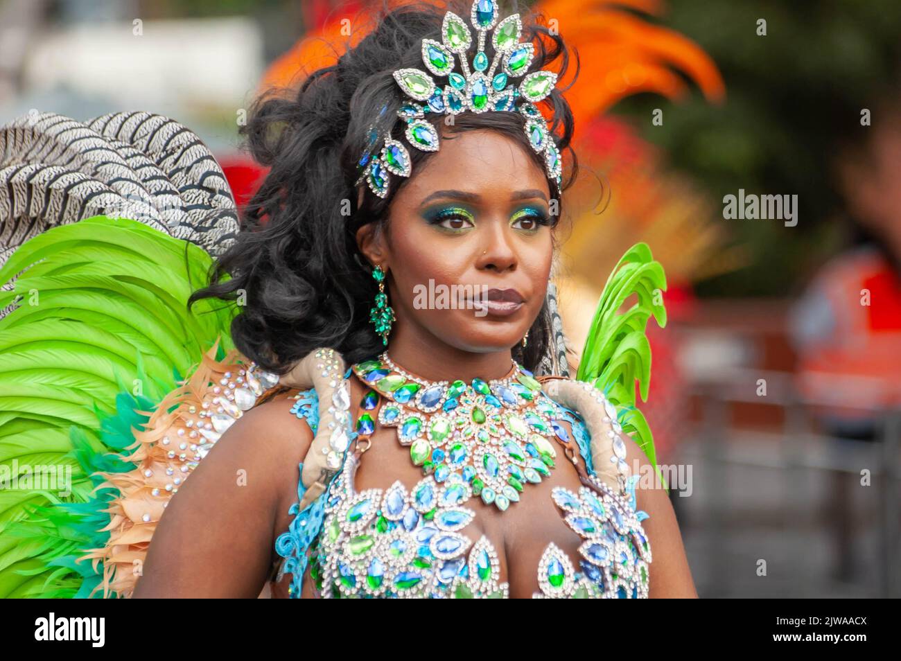 NOTTING HILL, LONDON, ENGLAND- 29 August 2022: Carnival performer ...