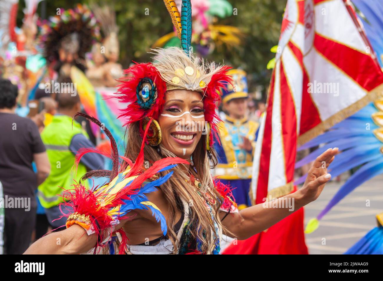 NOTTING HILL, LONDON, ENGLAND- 29 August 2022: Carnival performer ...