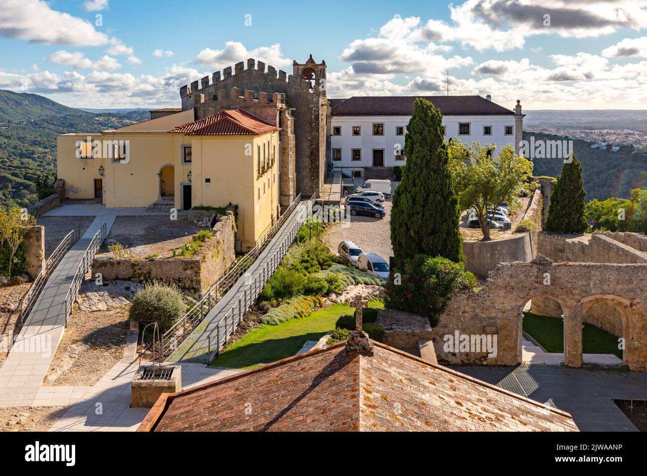 The Castle Fortress and Church of Castelo de Palmela above the town of the same name, Portugal Stock Photo