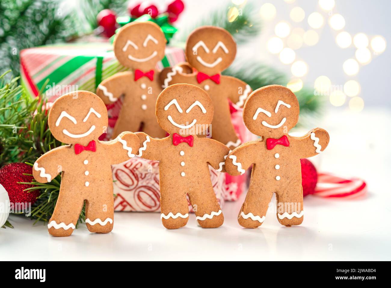Christmas Decorations with Gingerbread man and Gift Box Stock Photo