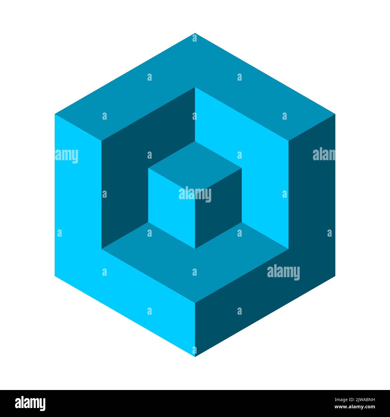 Blue cube in a cube optical illusion. 3D geometric object. Construction, architecture, building. Hexagon shape. Small box inside big box. Vector Stock Vector