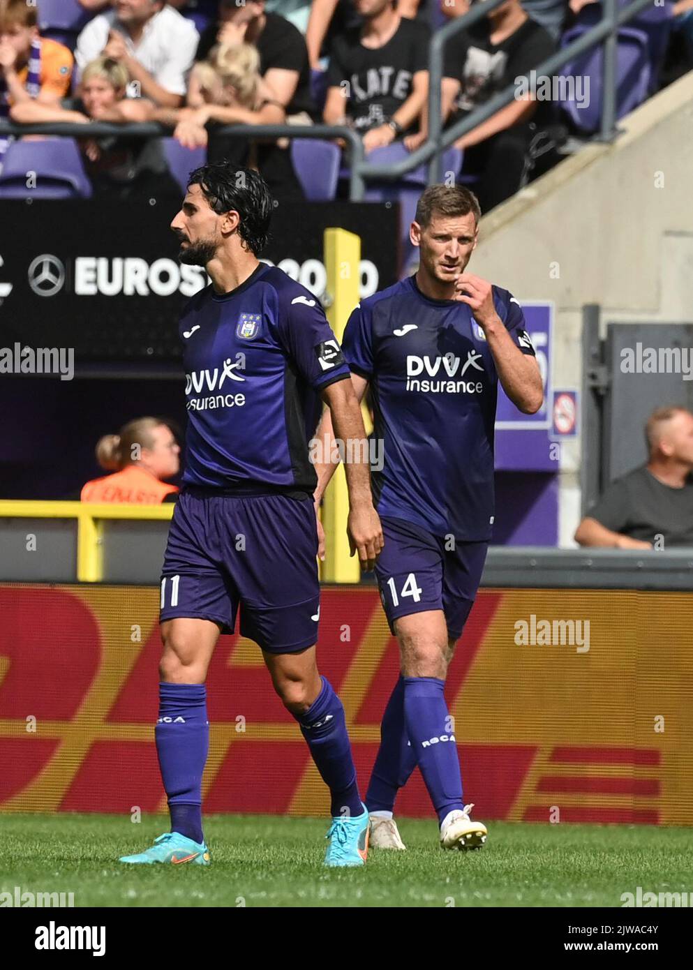 Anderlecht's Jan Vertonghen reacts during a soccer match between RSCA Anderlecht and OH Leuven, Sunday 04 September 2022 in Anderlecht, on day 7 of the 2022-2023 'Jupiler Pro League' first division of the Belgian championship. BELGA PHOTO JOHN THYS Stock Photo