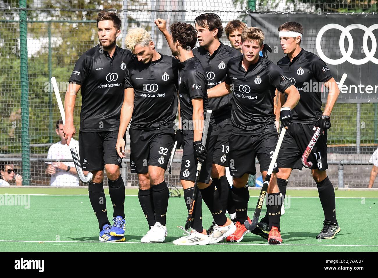 Racing celebrates after scoring a goal during a hockey game between