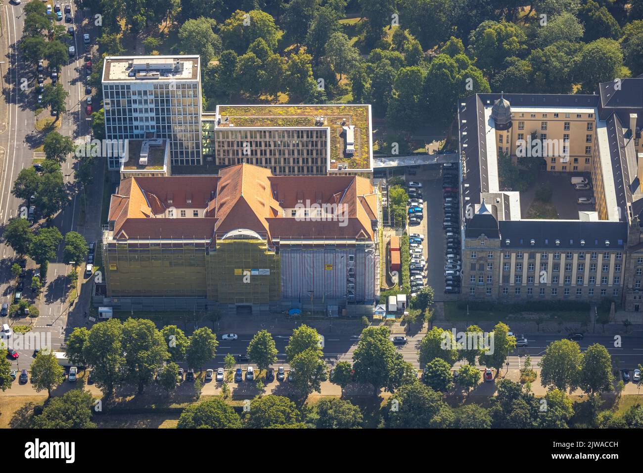 Aerial view, Higher Regional Court, facade renovation, Pempelfort, Düsseldorf, Rhineland, North Rhine-Westphalia, Germany, Building area, Construction Stock Photo