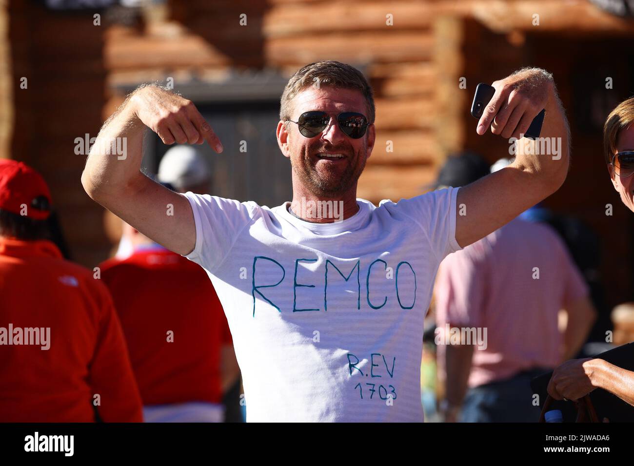Fans of Belgian Remco Evenepoel pictured at stage 15 of the 2022 edition of the 'Vuelta a Espana', Tour of Spain cycling race, from Martos to Sierra Nevada (153 km), Spain, Sunday 04 September 2022.  BELGA PHOTO DAVID PINTENS Stock Photo
