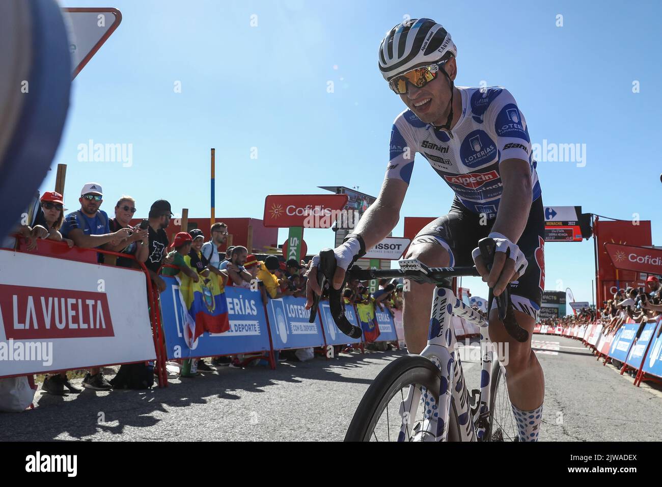 Australian Jay Vine of Alpecin-Fenix pictured after stage 15 of the 2022 edition of the 'Vuelta a Espana', Tour of Spain cycling race, from Martos to Sierra Nevada (153 km), Spain, Sunday 04 September 2022. BELGA PHOTO DAVID PINTENS Stock Photo