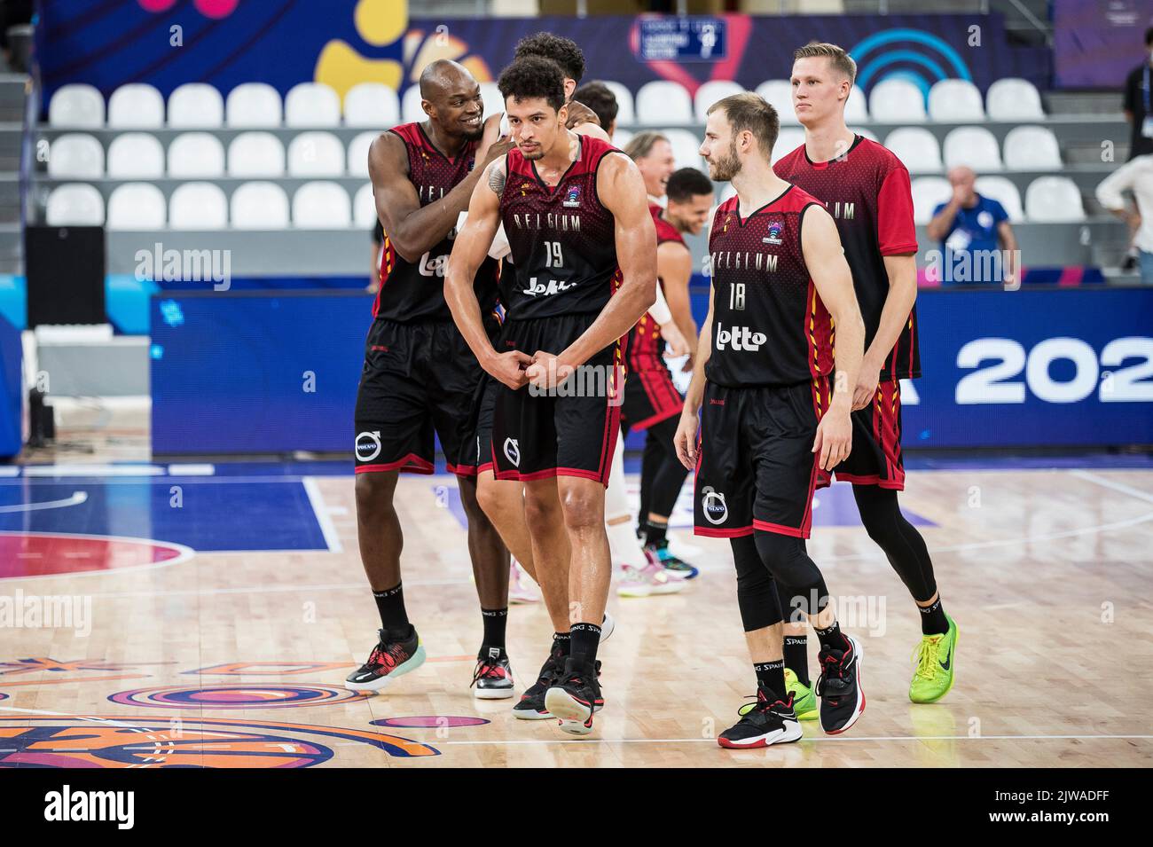Belgium's players celebrate after winning the match between Spain and the  Belgian Lions, game three of five in group A at the EuroBasket 2022, Sunday  04 September 2022, at the Tbilisi Sports