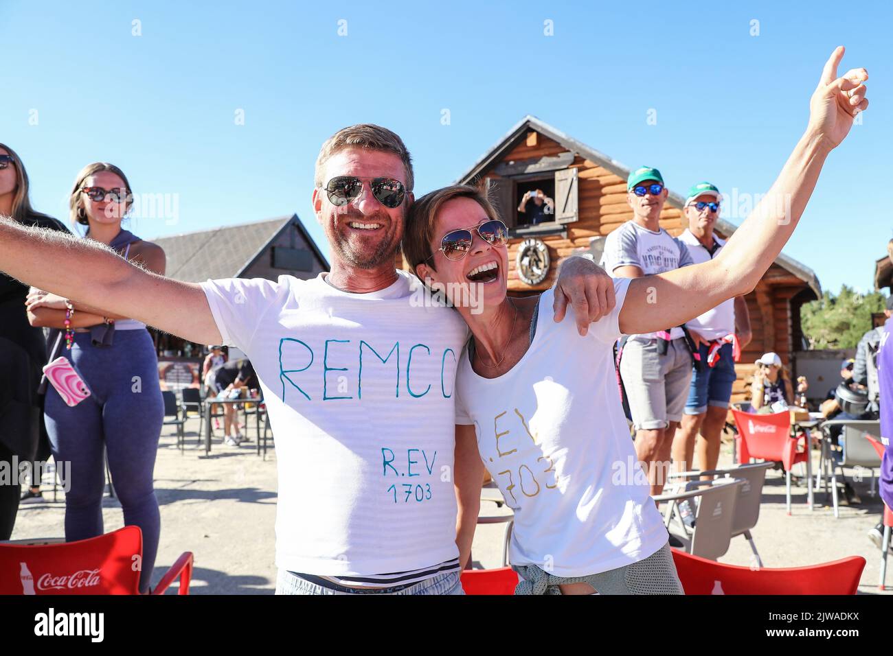 Belgian fans and supporters pictured during stage 15 of the 2022 edition of the 'Vuelta a Espana', Tour of Spain cycling race, from Martos to Sierra Nevada (153 km), Spain, Sunday 04 September 2022. BELGA PHOTO DAVID PINTENS Stock Photo