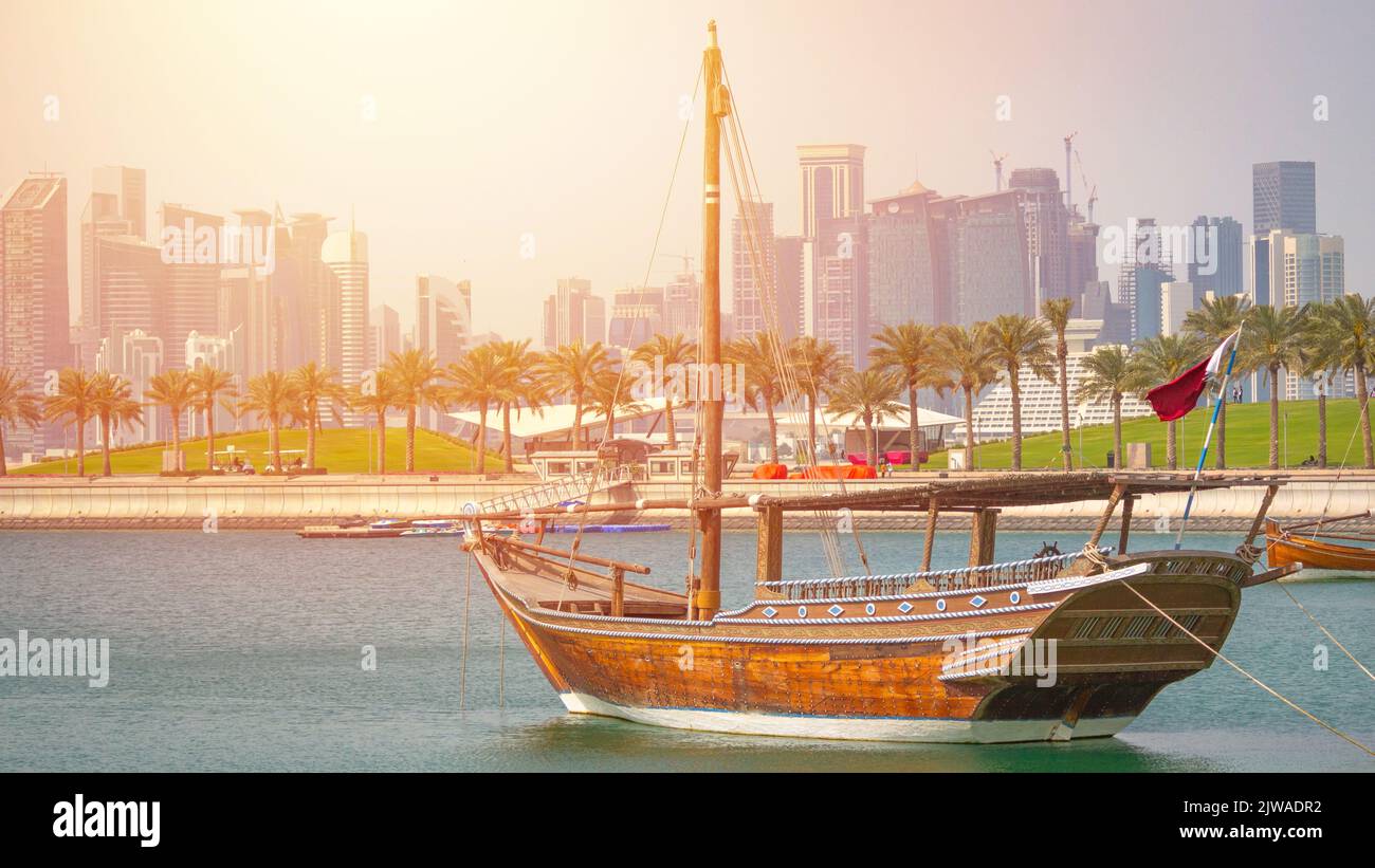 Traditional Fishing boats called dhow at the Qatar Corniche Stock Photo