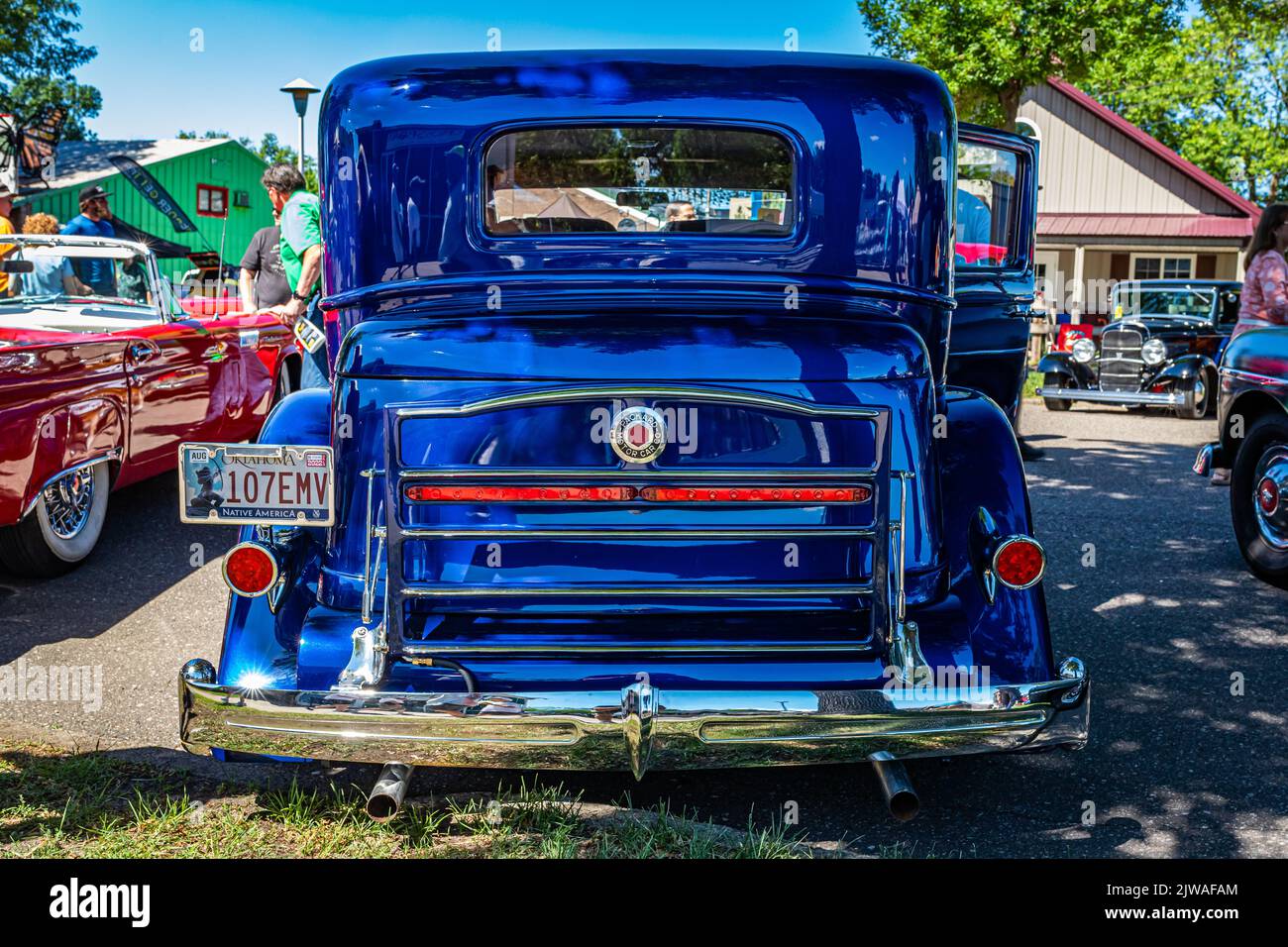 Falcon Heights, MN - June 17, 2022: High perspective rear view of a 1934 Packard Super Eight Club Hardtop Sedan at a local car show. Stock Photo
