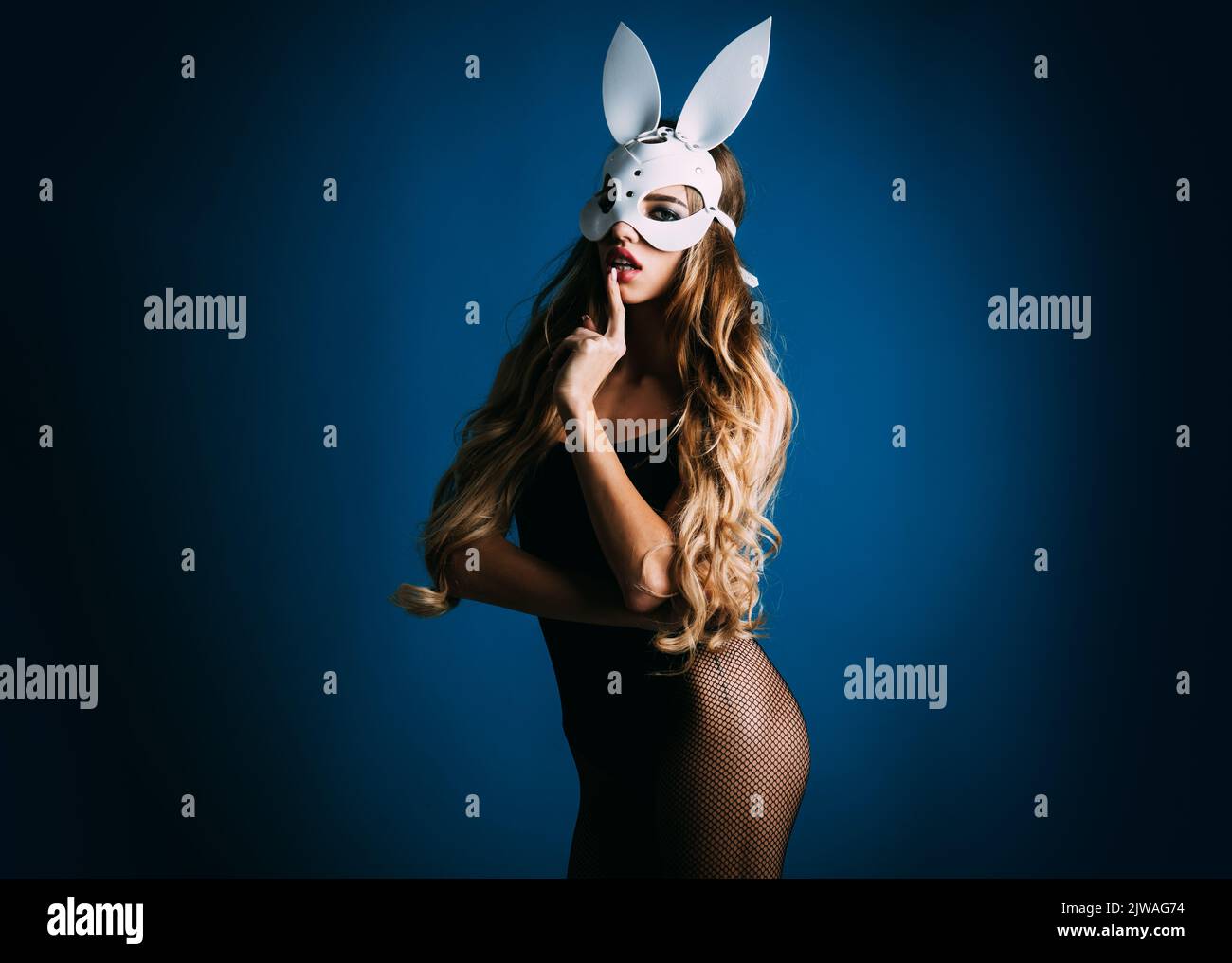 Beautiful girl in sexy lingerie and bunny mask. Young woman in rabbit ears. Halloween costume. Stock Photo
