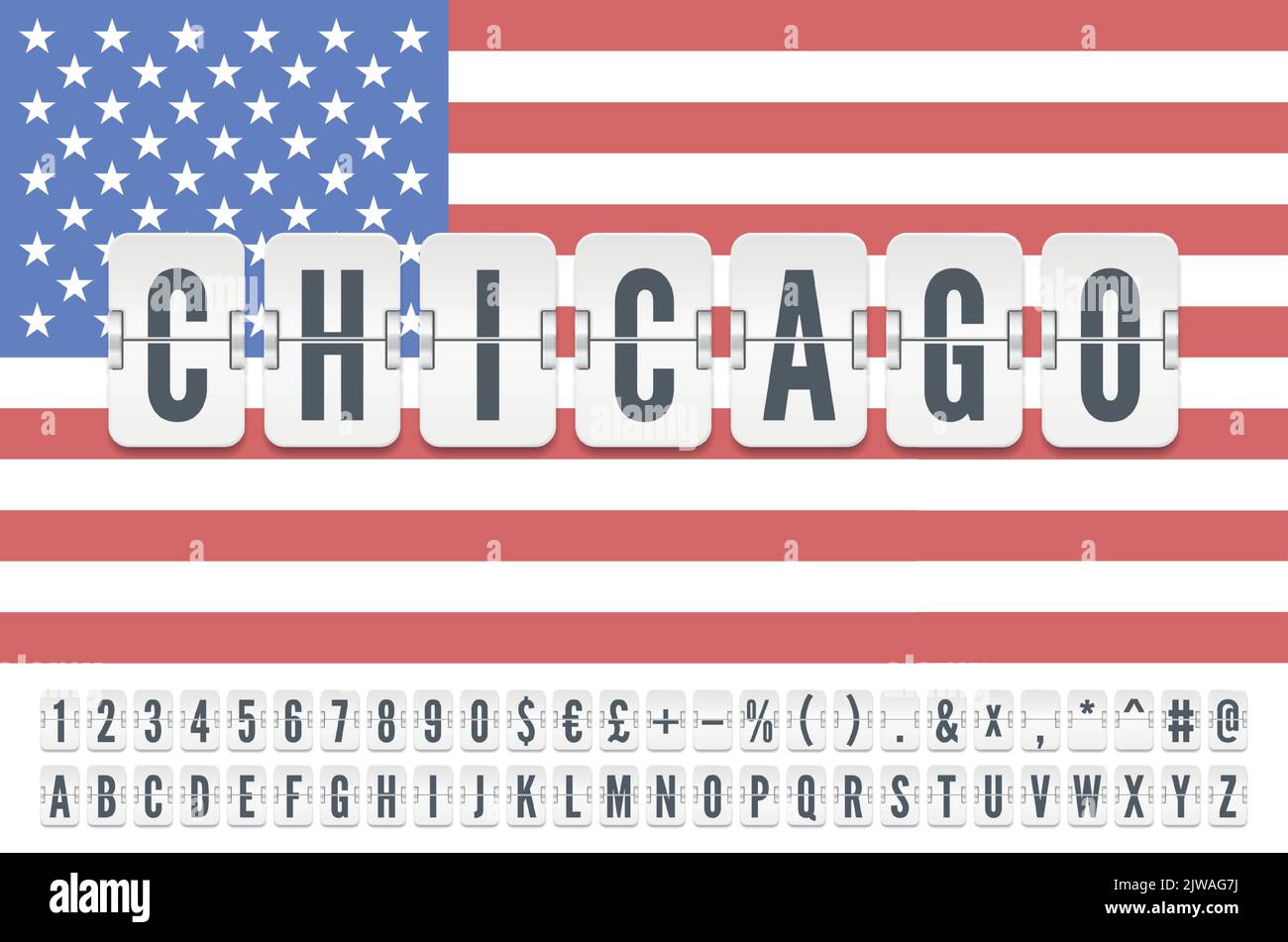 White analog airport flip board with flight info of departure destination in USA Chicago with full font. Vector illustration on the American flag background Stock Vector
