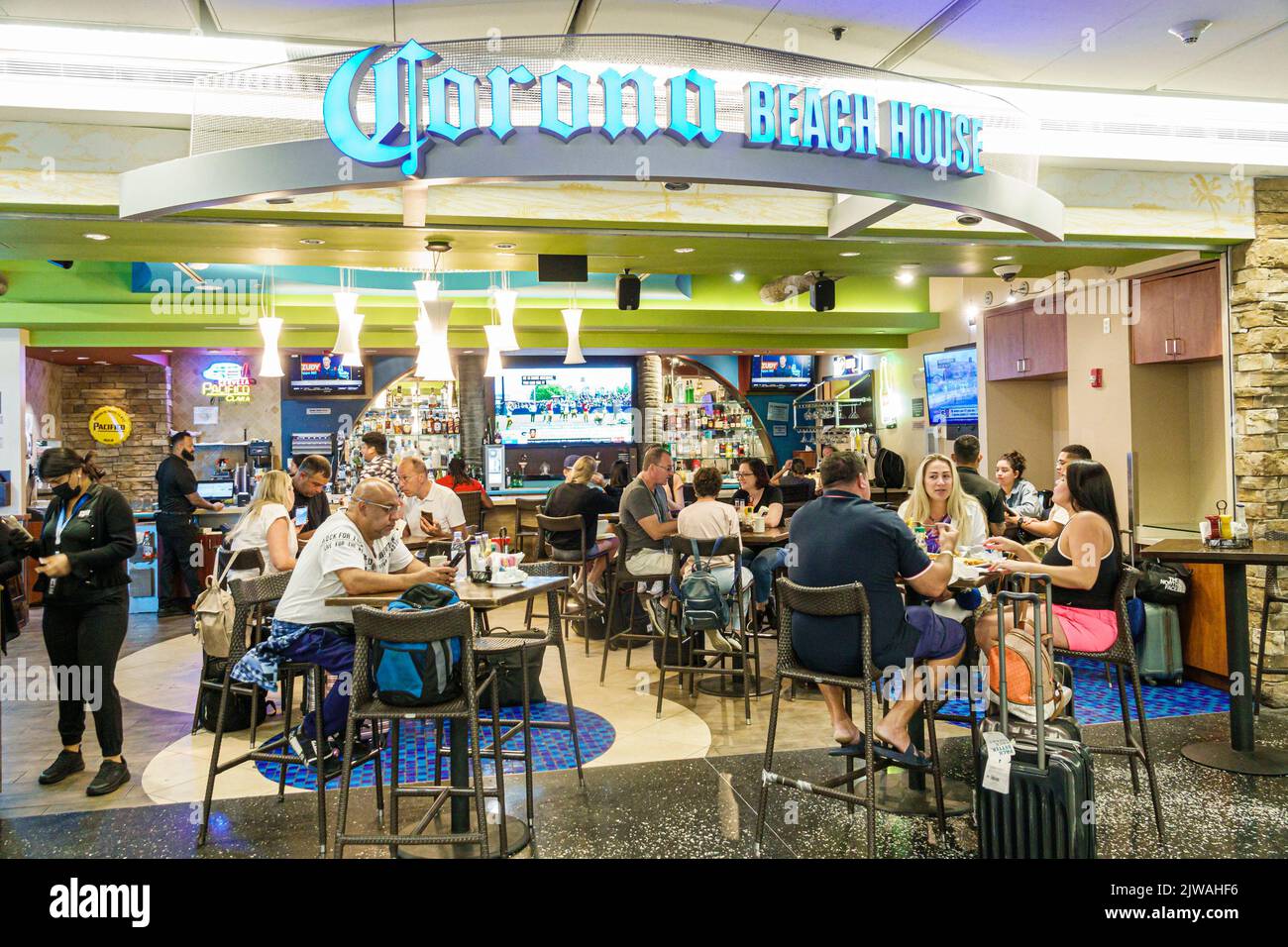 Miami Florida,Miami International Airport MIA terminal concourse gate area,restaurant restaurants dine dining eating out casual cafe cafes bistro bist Stock Photo