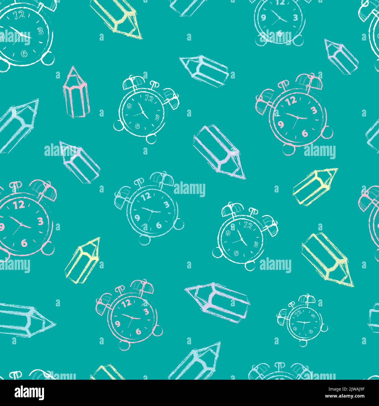 Hand drawn back to school seamless pattern. Pencils and alarm clock ...