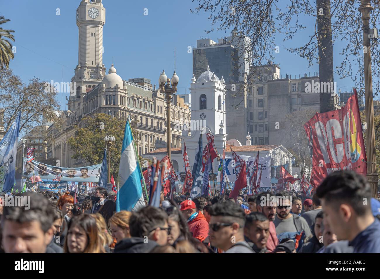 Buenos Aires, Argentina - September 2nd, 2022: Popular demonstration in Plaza de Mayo. Stock Photo