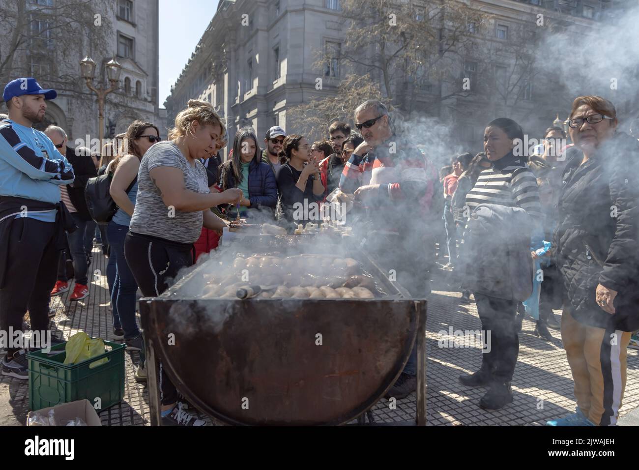 Buenos Aires, Argentina - September 2nd, 2022: Street food stall in a demonstration in the Plaza de Mayo. Stock Photo
