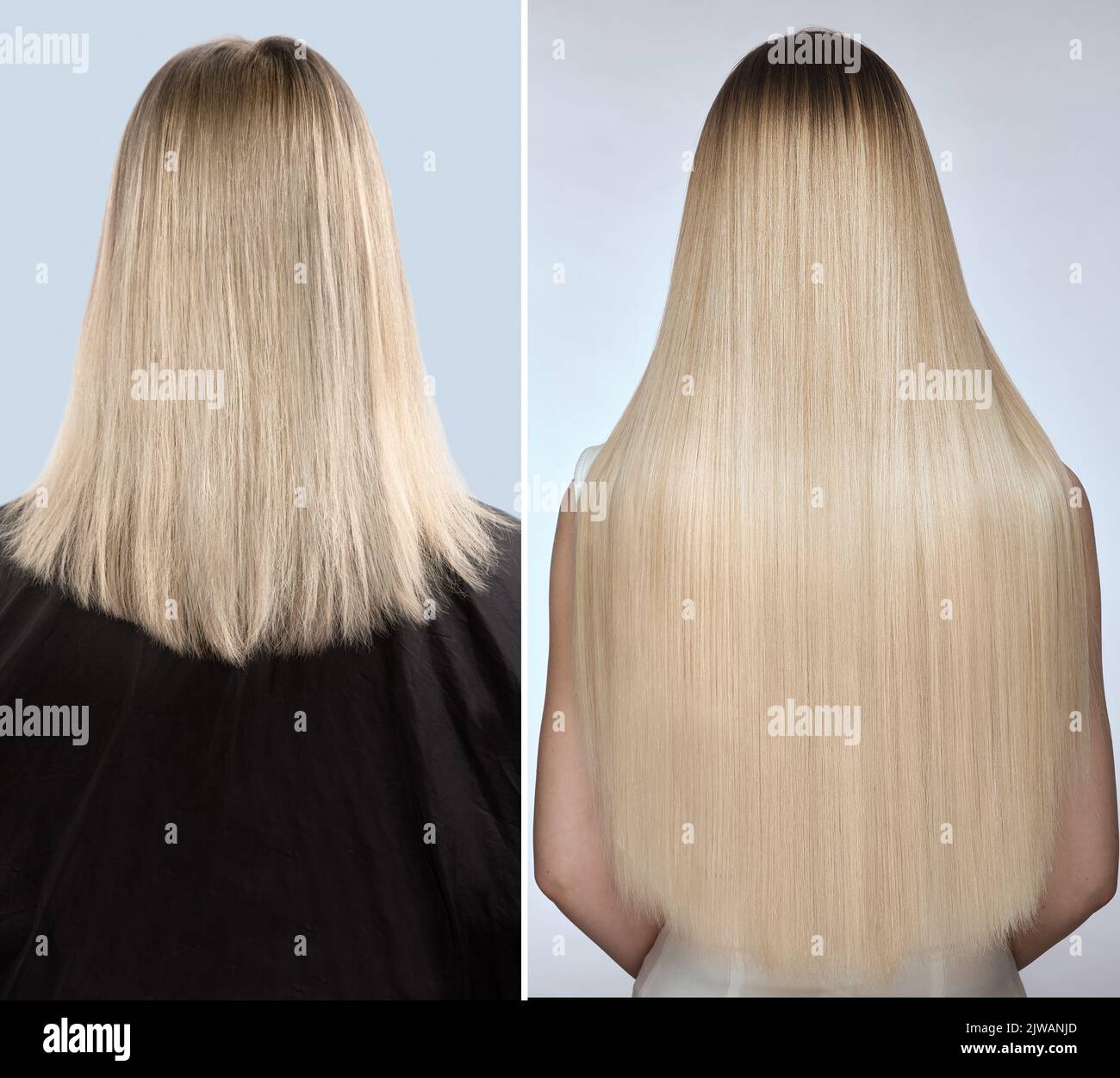Woman before after hair extensions. Back view. Stock Photo