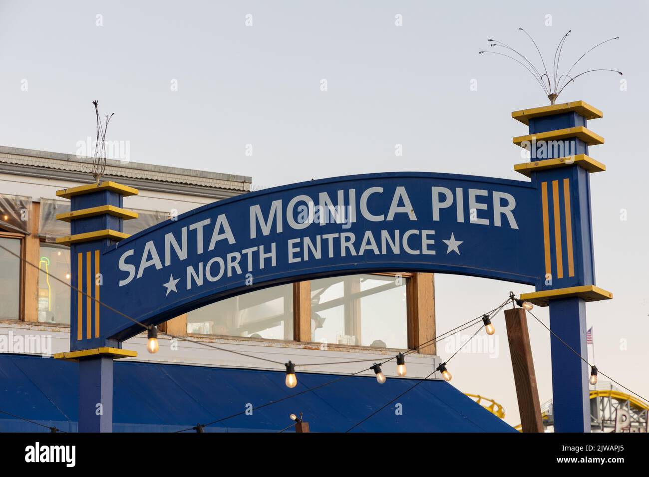 SIgn at the entrance to Santa Monica Pier Stock Photo
