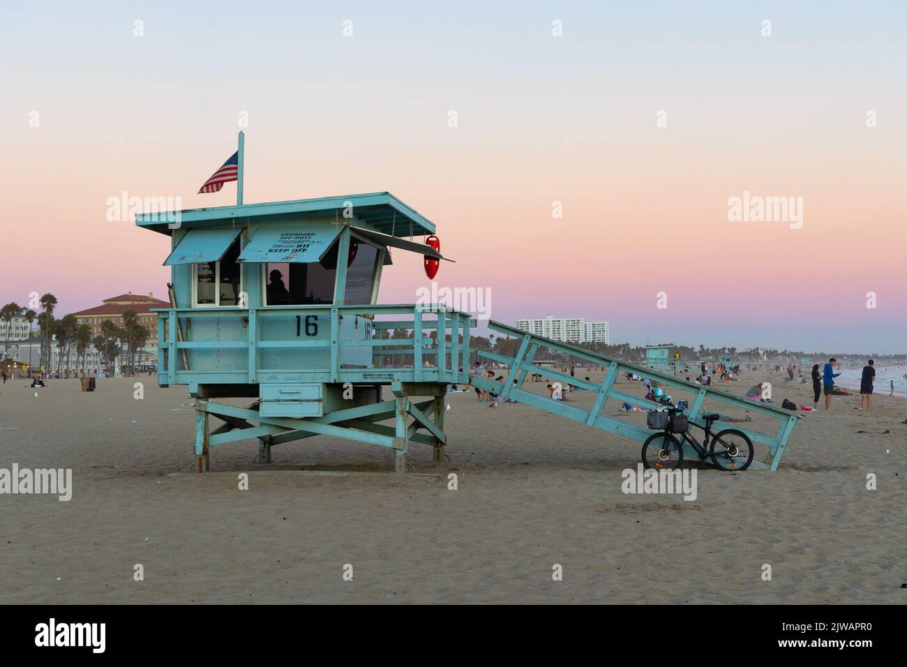 Lifeguard tower on the beach in Santa Monica at sunset Stock Photo