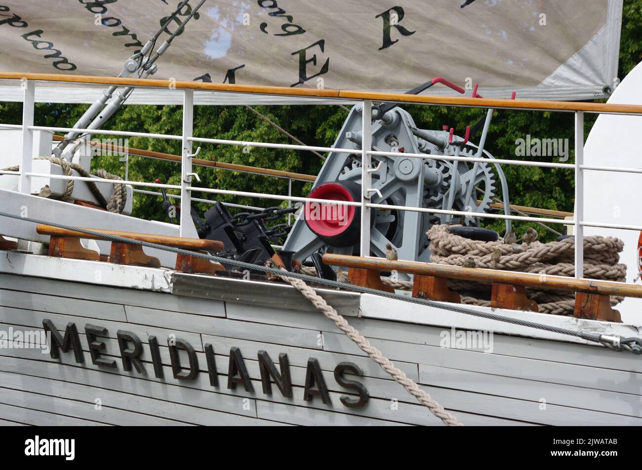 KLAIPEDA, LITHUANIA - 09 August 2022 Sailboat Meridianas former training ship, currently a restaurant on the embankment of the river Dane Stock Photo